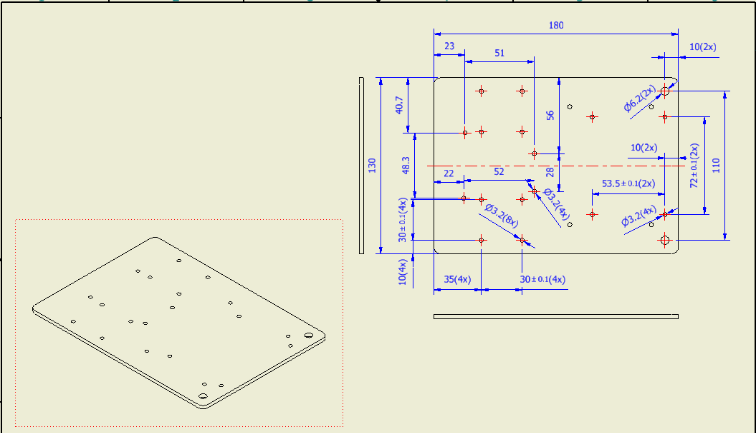 2D engineering drawing of the base plate, with hole positions and dimensions