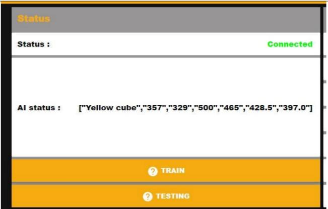 Node-RED dashboard showing connection status, the AI detection result with coordinates, and TRAIN and TESTING buttons
