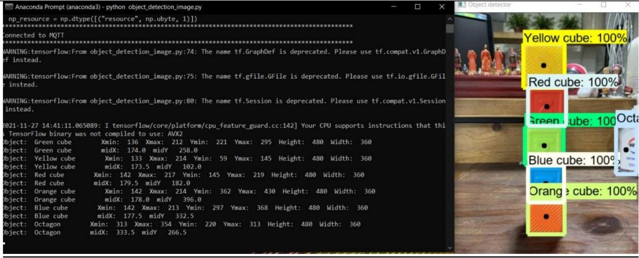 Detection running: the terminal lists each object's bounding box and centre point, beside a live view where yellow, red, green, blue and orange cubes and an octagon are each boxed and labelled at 100%