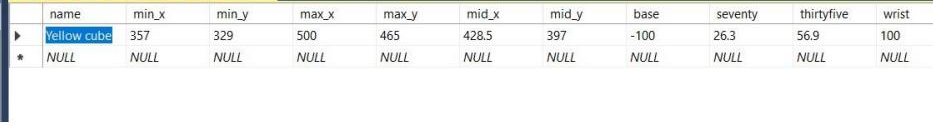 SQL Server table row for a yellow cube: its bounding box, centre point, and the stored angle for each motor
