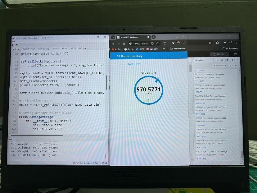 A laptop showing the microcontroller code beside a live Node-RED dashboard gauge reading the stock weight in grams