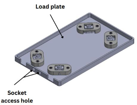 CAD of the load plate with four load-cell holders and socket access holes
