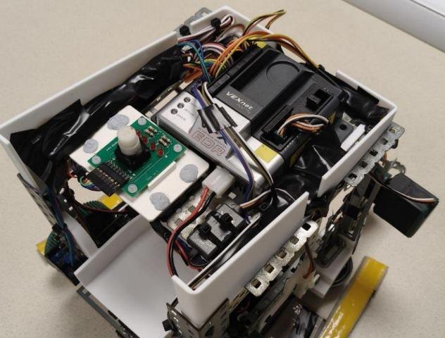 The final prototype from above, with clean cable routing and wiring protected by the housing enclosure