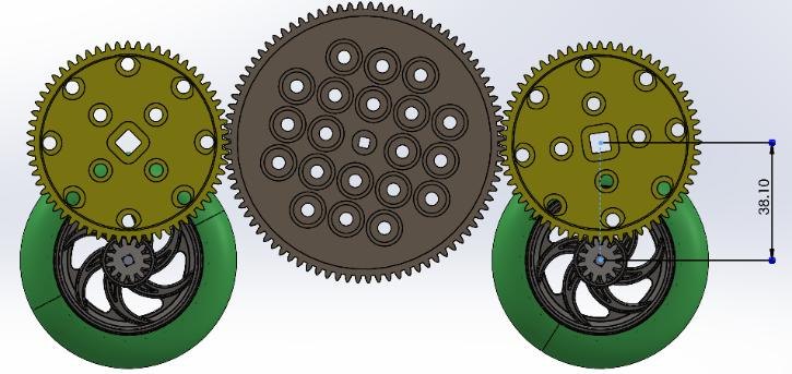 Another view of the gear train, with the vertical offset between gear centres dimensioned