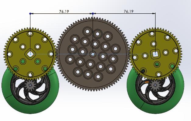 CAD of three meshing gears driving two wheels, with centre distances dimensioned
